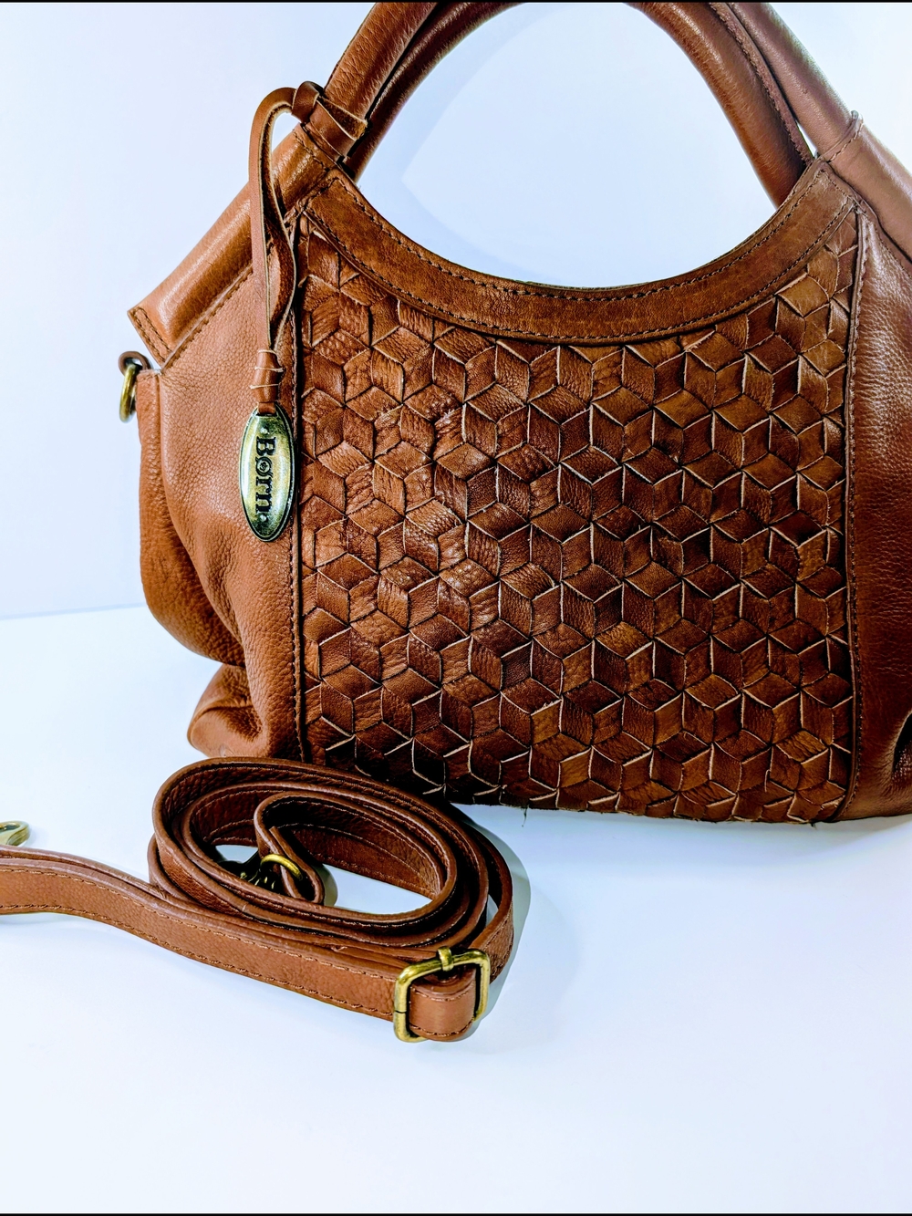 Born Millport Vintage Woven Leather Satchel / Bag, Purse Saddle Brown - Picture 9 of 10